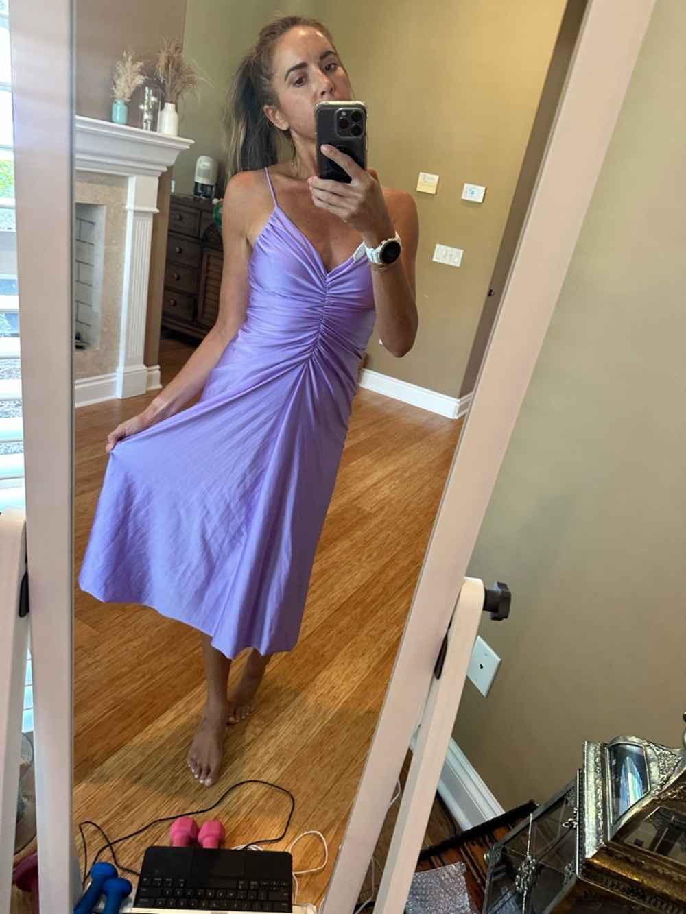 Delfi Collective Ruched V-Neck Lavender Midi Dress with Spaghetti Straps